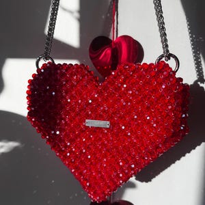 Handmade Beaded Bag – Red Crystal Heart Purse – Sparkling Glass Beads – Romantic Gift – Elegant Evening Bag – Valentine’s Day Clutch