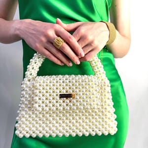 Bolso de perlas hecho a mano - Monedero blanco crema con asa