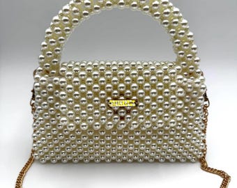 Handmade Pearl Beaded Bag - Cream White Purse with Handle