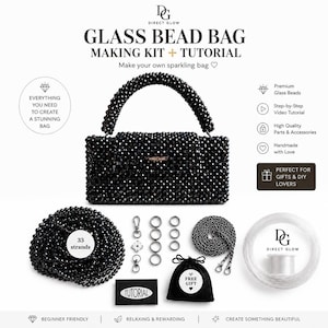 May include: A glass bead bag making kit featuring a finished black beaded handbag, 33 strands of black beads, a metal chain strap, metal hardware, a spool of clear thread, a tutorial card, and a small black pouch labeled Free Gift by Direct Glow.
