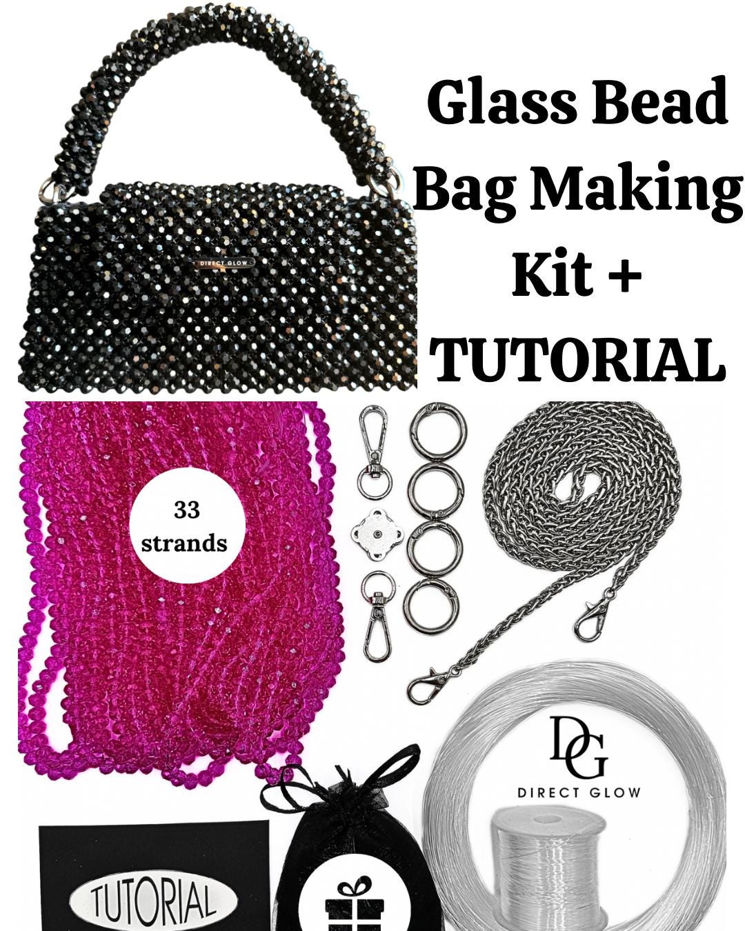 Beaded Bag DIY Kit: 8mm Rondelle Glass Beads, Tutorial Included