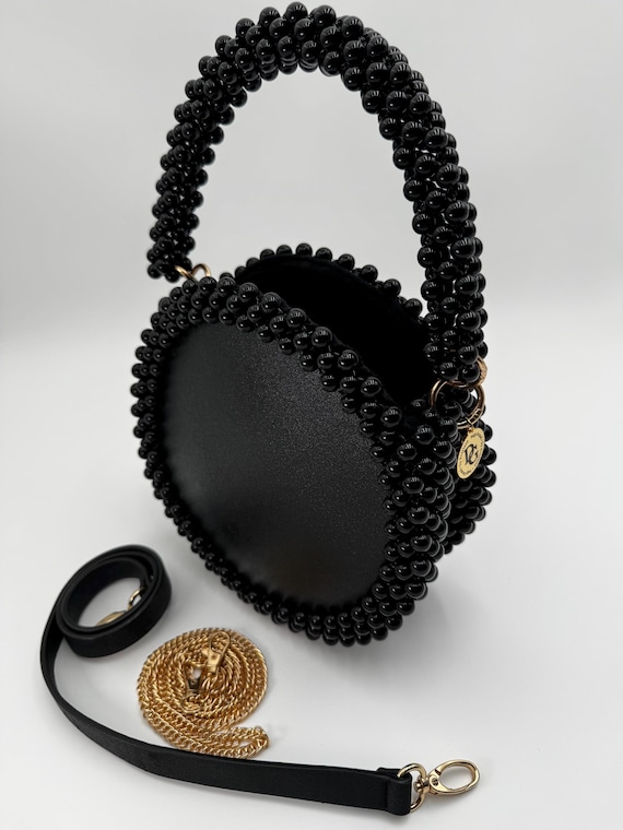 Sac à Main Bandoulière En Cuir Noir Avec Perles - Neuf Avec étiquettes - Dimensions 30x8x9 Cm