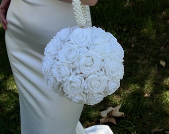 Round Rose Bouquet Bag with Pearl Handle – Handmade RealTouch Bridal Purse