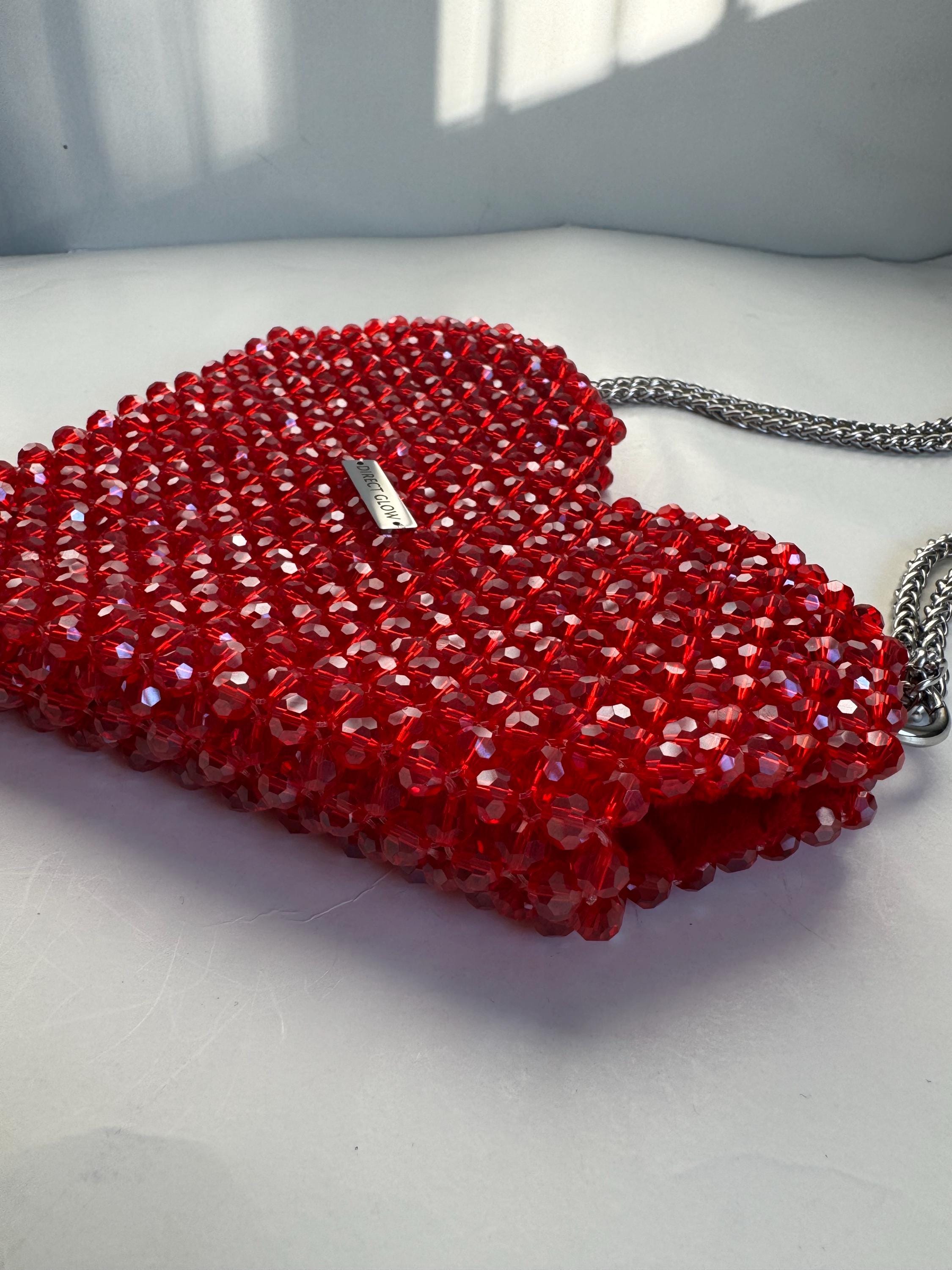 Handmade Beaded Bag – Red Crystal Heart Purse – Sparkling