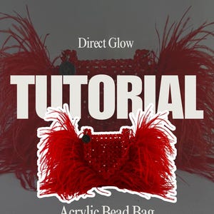 May include: A red beaded bag with a fluffy red feather trim. The bag has a silver clasp and the text "Direct Glow TUTORIAL Acrylic Bead Bag" is written on the image.