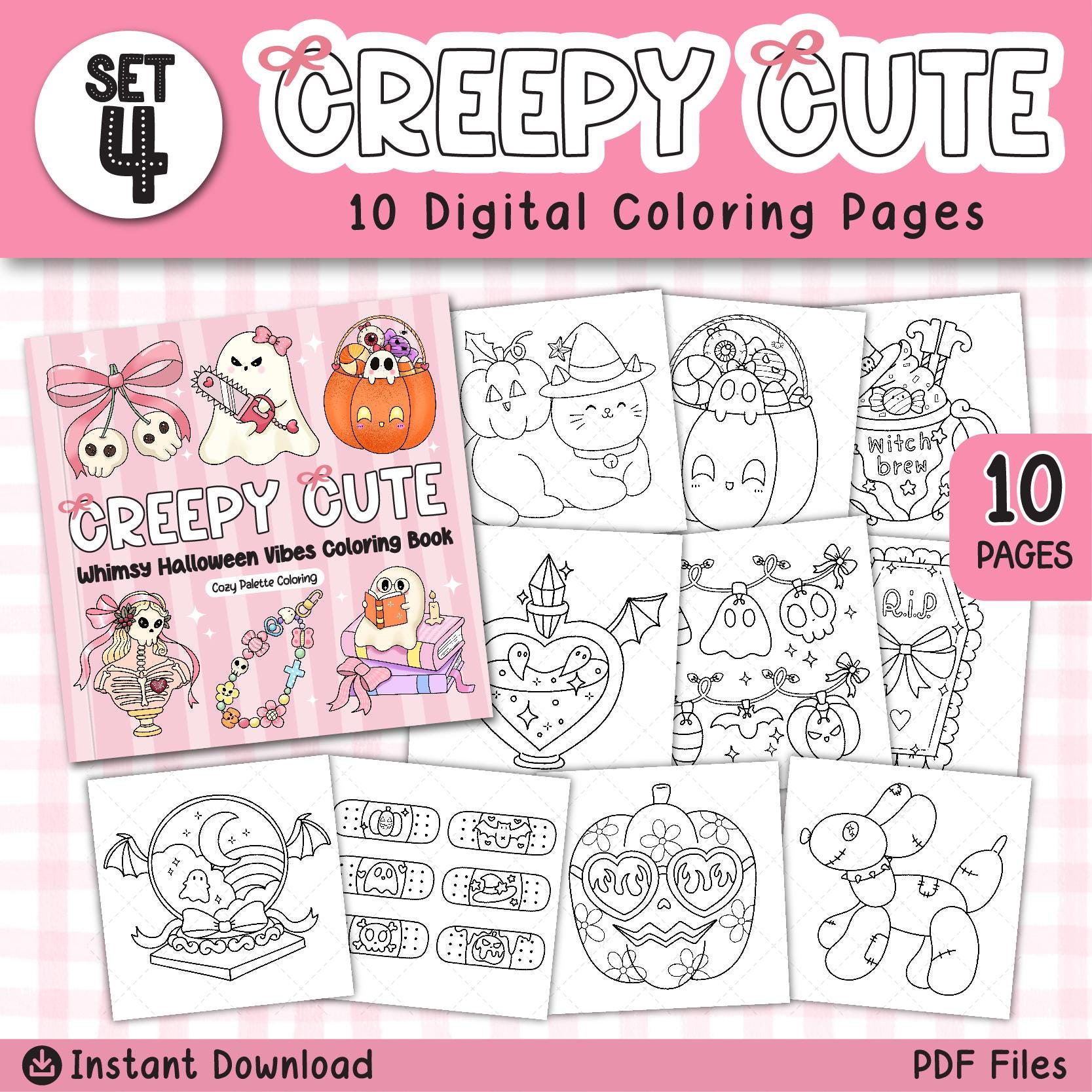 SET 4 Páginas de colorear de Halloween creepy-cute – 10 láminas digitales kawaii para Procreate o imprimir, fantasmas y accesorios