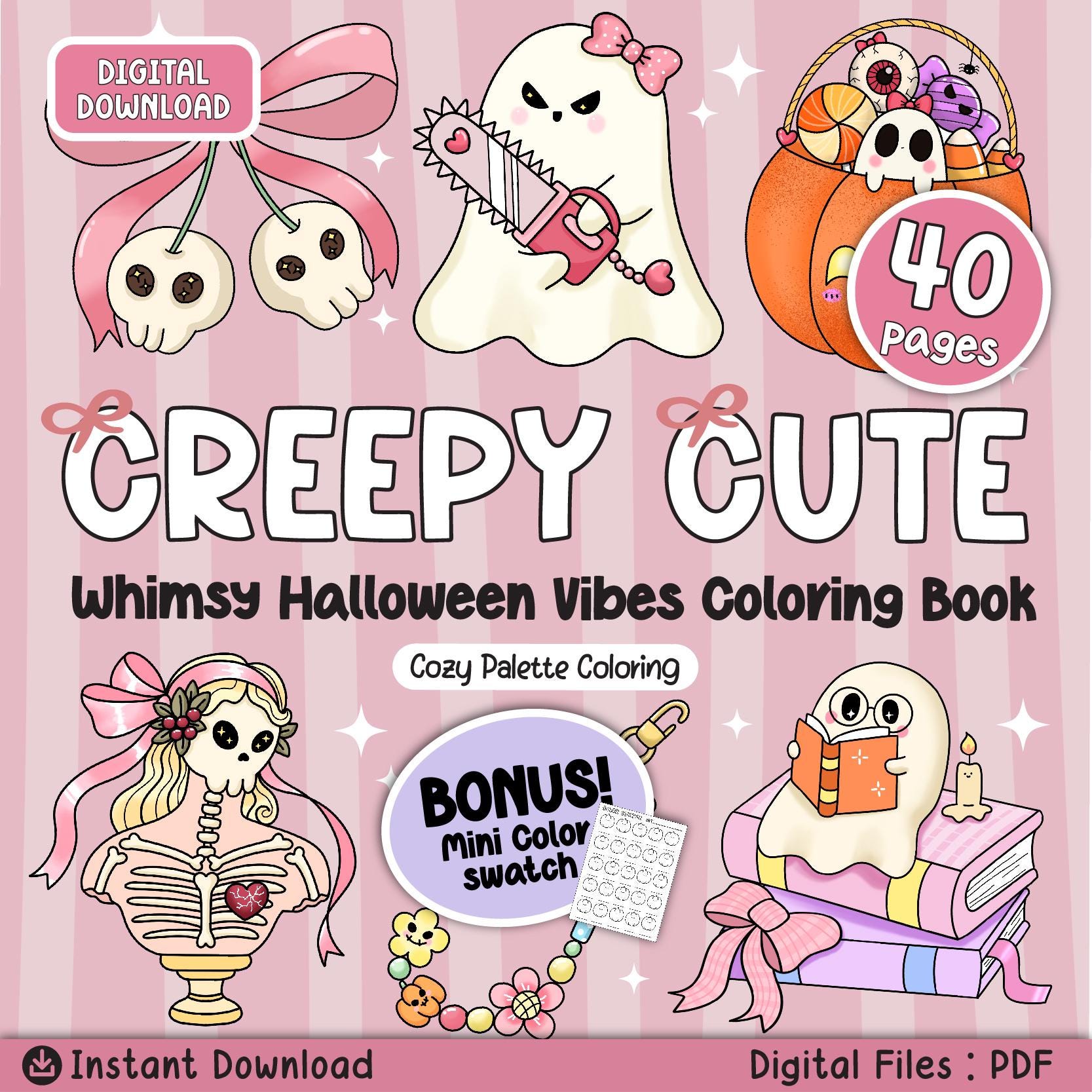 Pack de colorear de Halloween creepy-cute – 40 páginas kawaii y espeluznantes para Procreate o imprimir + mini muestrario gratis