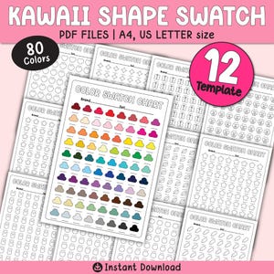 Plantillas de muestra de color kawaii, forma de muestra linda, 12 plantillas, tamaños A4 y carta de EE. UU. imprimibles, juego de 80 colores