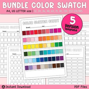 Puede incluir: Una plantilla de carta de muestra de color imprimible con cinco versiones diferentes. La carta tiene espacios para muestras de color y etiquetas para la marca y el conjunto. El texto "Bundle Color Swatch" está en la parte superior de la página. El texto "A4, US Letter size | 12, 24, 36, 48, 60, 72, 80, 120, 150 Colors" está debajo del título. El texto "Instant Download" está en la parte inferior izquierda de la página. El texto "PDF Files" está en la parte inferior derecha de la página.