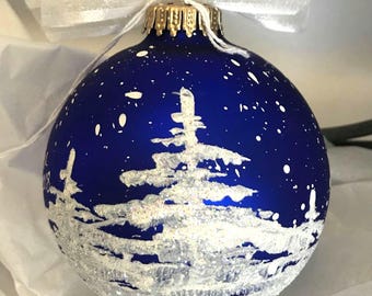 Snowy trees-Personalizable- hand-painted glass ball Christmas ornament-Christmas Gifts- Christmas Decor