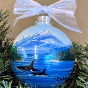 Hand-Painted Orca Pass Christmas Ornament: Personalizable Glass Ball tree Decor