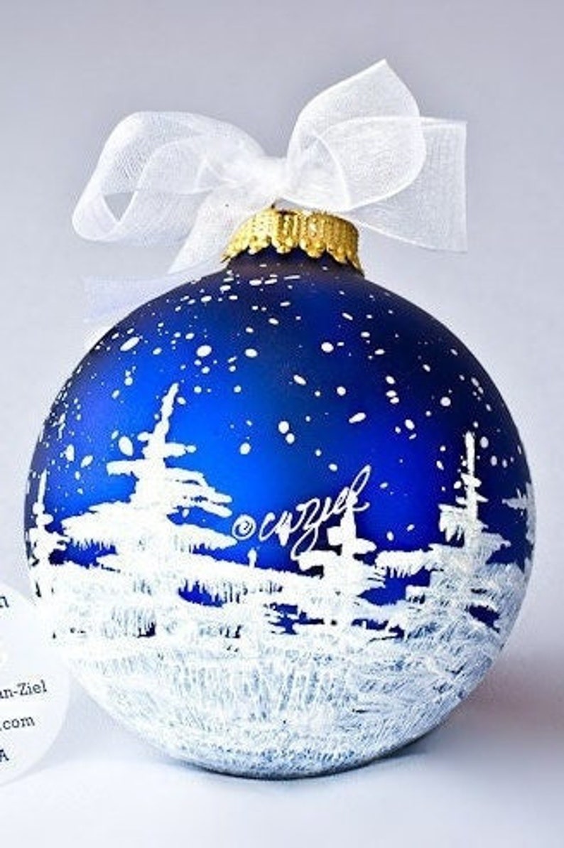 SNOWY TREES Personalizable hand-painted glass ball ornament Gifts and Decor image 3