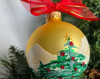 Hand-Painted Christmas Tree Ornament: Snowy Mountain Scene, Swarovski Star