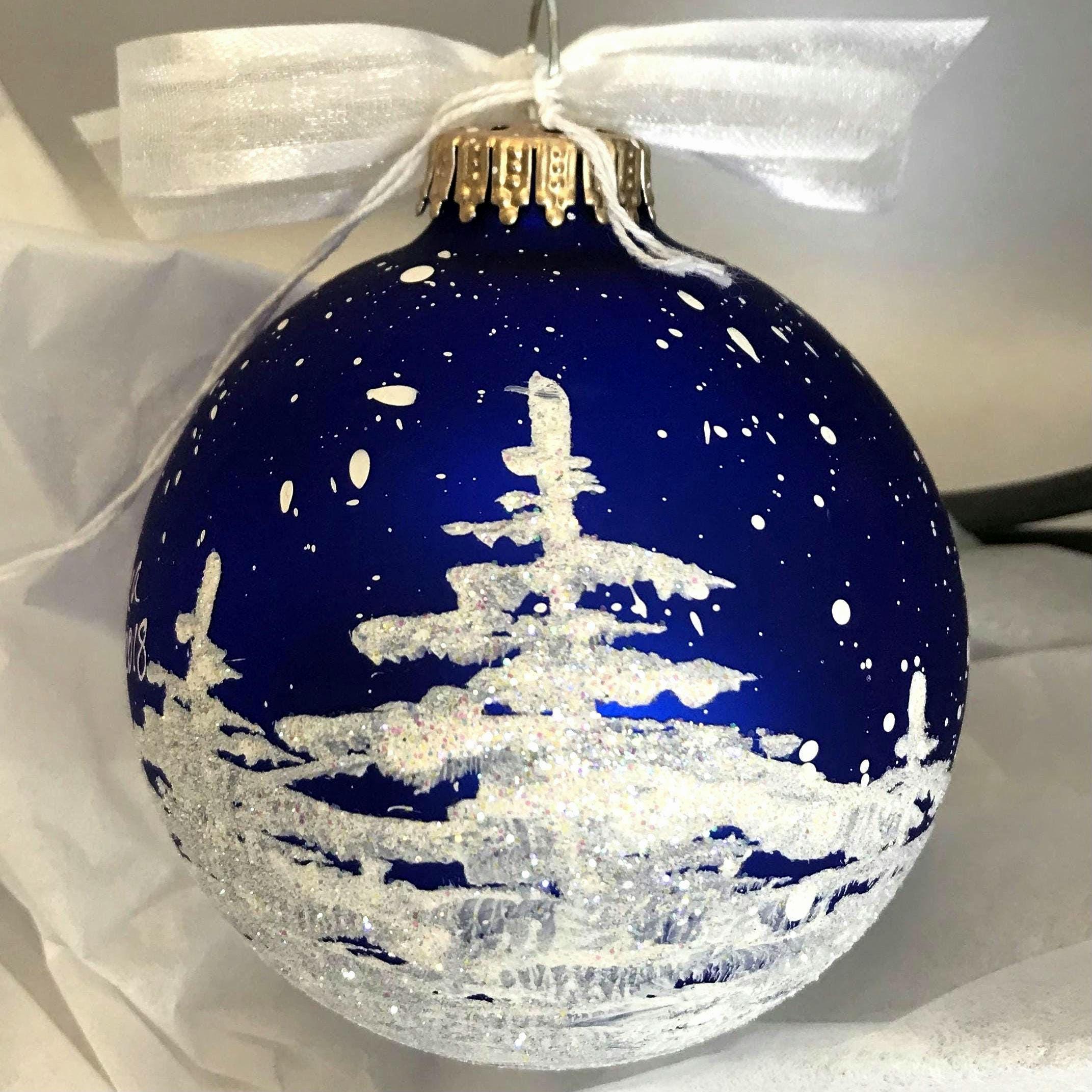 Hand-Painted Snowy Trees Glass Ball Christmas Ornament