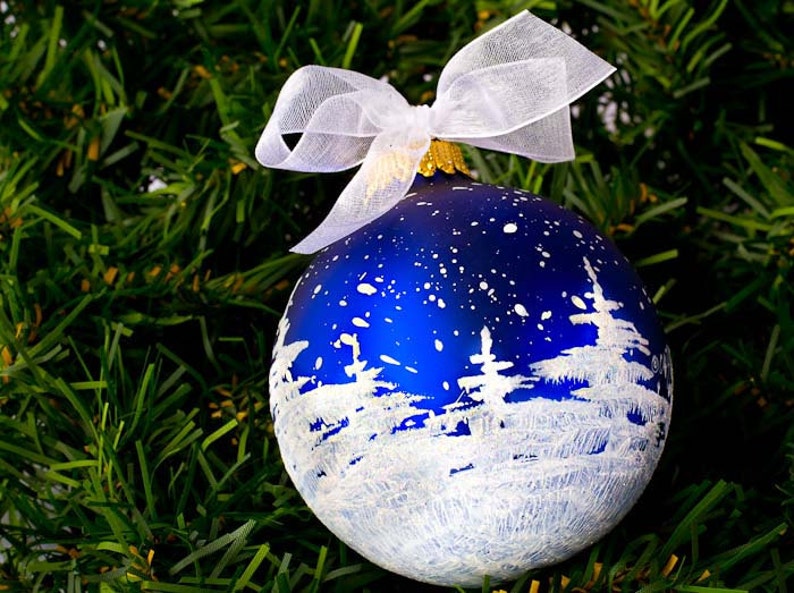 SNOWY TREES Personalizable hand-painted glass ball ornament Gifts and Decor image 2