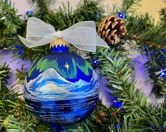 Hand Painted Glass ball ornament - Aurora Marina- with Northern Lights dancing in the sky, personalized Gifts, decor and souvenirs