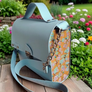 vegan leather blue bag, crossbody bag, Hand-painted bag, leather shoulder bag, Leather and wood handbags, gift for here, leather tote bags.