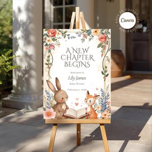 Storybook Baby Shower Welcome Sign, Classic Children&#39;s Book Party Sign, A New Chapter Begins Baby Reveal Welcome Poster (Digital Download)