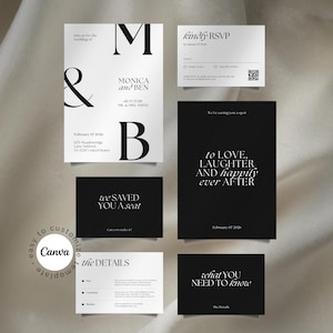 Editable Minimalist Wedding Invitation Suite | Canva Template | RSVP Card with QR Code | Elegant Printable Details Set | Instant Download