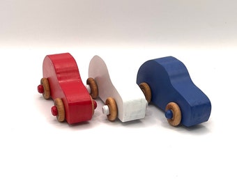 Made in America, Set of 3 Wood Toy Cars, Red, White & Blue, Handmade in Mississippi, Wooden Toy Cars