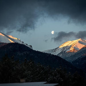 Golden Hour Mountain Peaks - Moonlit Alpine Landscape Photography Print