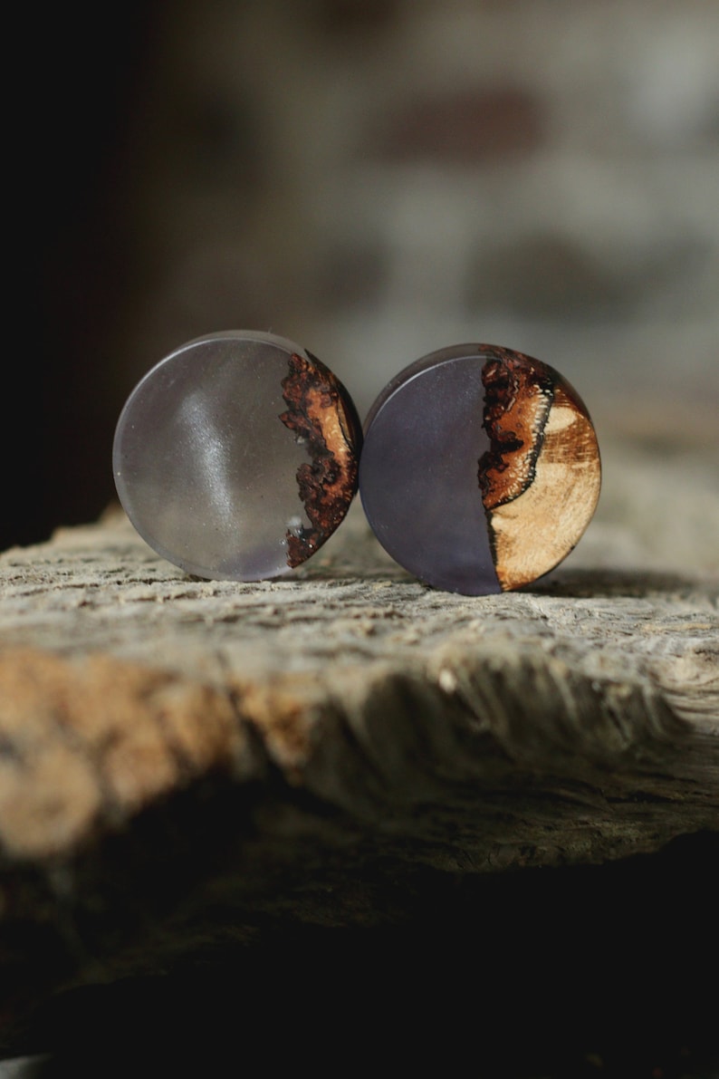 wood and resin plugs one of a kind smokey purple double flare plugs