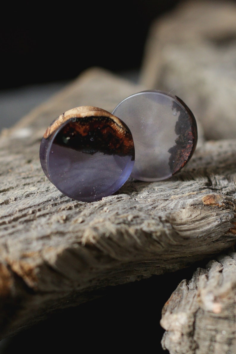 wood and resin plugs one of a kind smokey purple double flare plugs