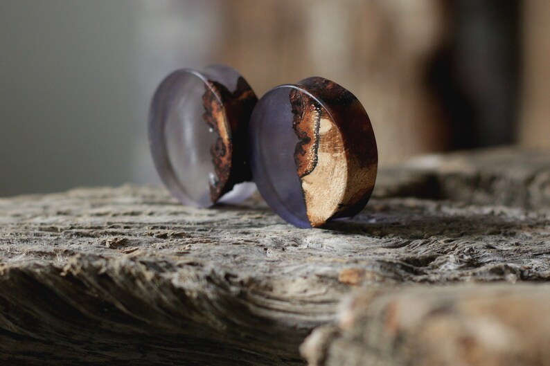 wood and resin plugs one of a kind smokey purple double flare plugs