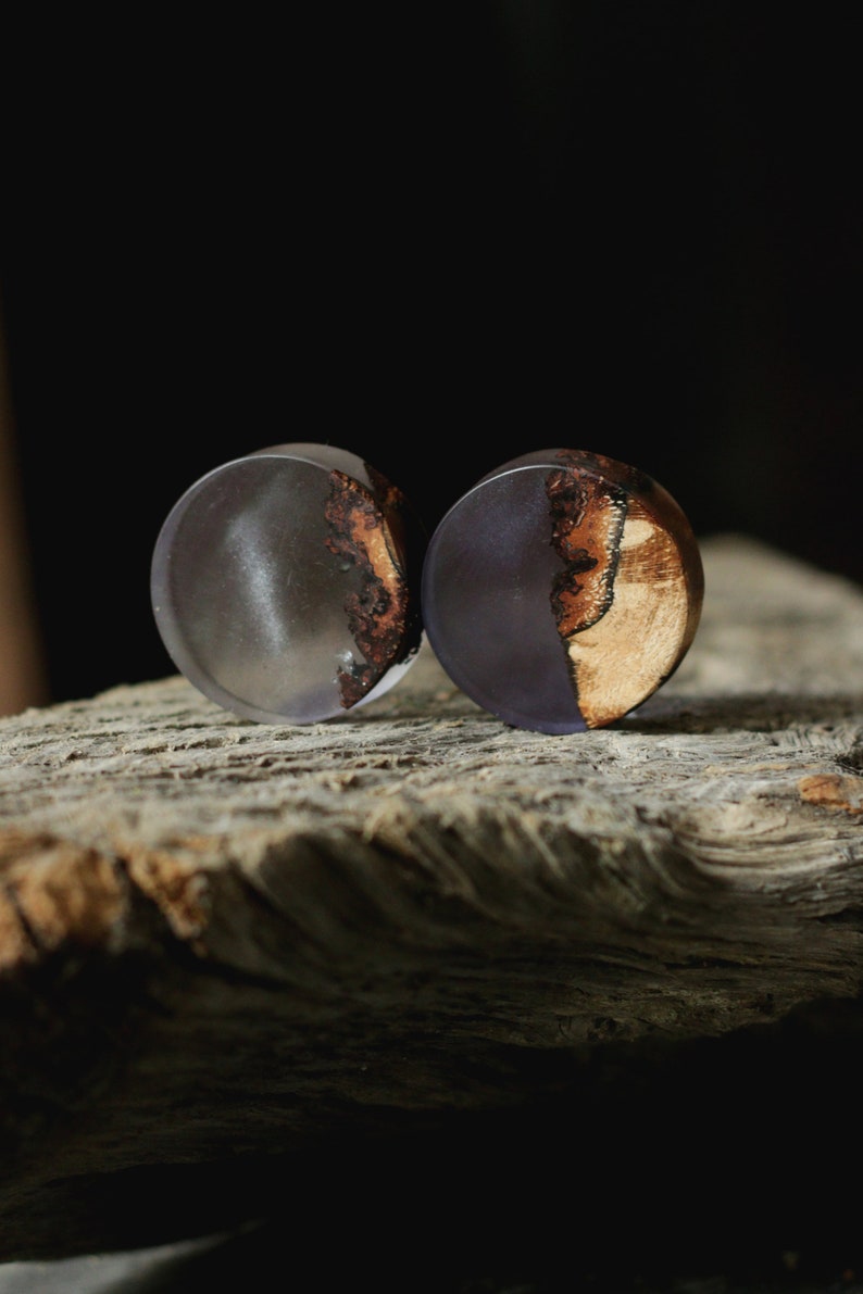 wood and resin plugs one of a kind smokey purple double flare plugs