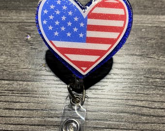 Glitter USA Flag Heart Badge Reel: Patriotic Retractable ID Holder