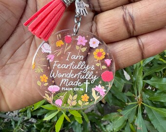 Floral Acrylic Keychain | Psalm 139:14 "Fearfully Wonderfully Made" Scripture