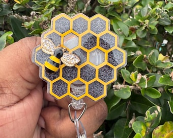 Glitter Honeycomb Bee Retractable Badge Reel | Rhinestone Bee Charm