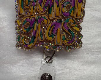 Porta credencial de Mardi Gras con purpurina / Porta credencial hecho a mano