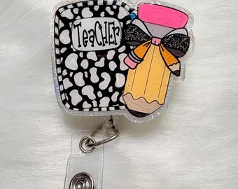Teacher Badge Reel | Composition Notebook Pencil Glitter ID Holder