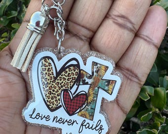 Love Never Fails Keychain Faith, Leopard Heart & Cross