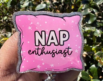 Nap Enthusiast Badge Reel | Pink Pillow ID Holder, Retractable Clip