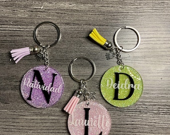 Personalized Glitter Acrylic Initial Keychains – Custom Name Key Ring with Tassel Charm