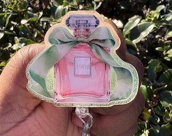 1908 Perfume Bottle Badge Reel | Pink & Green Glitter ID Holder