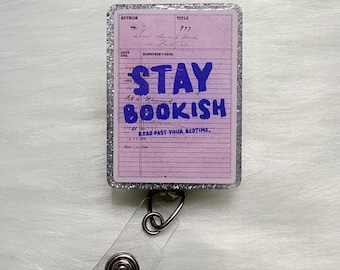 Stay Bookish Badge Reel | Vintage Library Card Glitter Holder