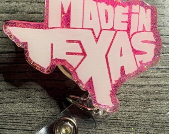 Made In Texas Badge Reel | Pink Glitter State Pride