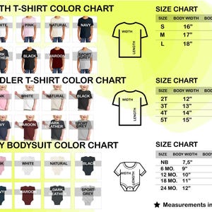 May include: A color chart for youth t-shirts, toddler t-shirts, and baby bodysuits. The chart displays various colors, including white, pink, navy, and maroon. Size charts are also included, with measurements in inches for body width and length.