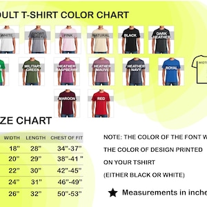 May include: A color chart for adult t-shirts, showcasing various colors like white, black, and red. The size chart displays measurements in inches, including width, length, and chest fit for sizes S to 2XL.