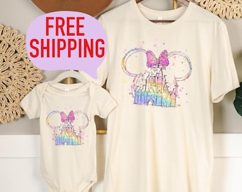 Disney Watercolor Shirt, Minnie Ears & Castle Tee, Mama Mini Matching Shirt, Disney Girls Trip, Family Vacation Disneyworld Shirt