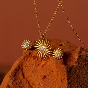 Pave Sun Jewelry Set | Gold Pave Sun Necklace & Stud Earrings | Dainty Celestial Jewelry | Unique Gift for Her | Elegant Everyday Jewelry