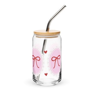 Vaso de vidrio con forma de lata para sorbos de amor, vaso con lazo coqueto, rosa, rojo y blanco, vaso con lazo lindo, vajilla pastel, vaso de vidrio femenino, regalo para amantes de los lazos