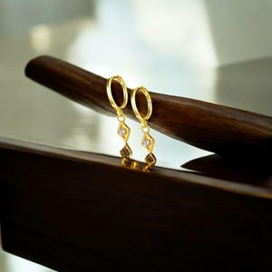 Dangling Hoop Earrings by Caitlyn Minimalist • Dainty Diamond Charm Huggie Hoops • Minimalist Gold Earrings • Elegant Gift for Her