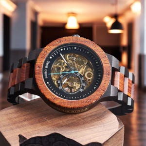Engraved Automatic Wood Watch • Rustic Anniversary Gift for Him