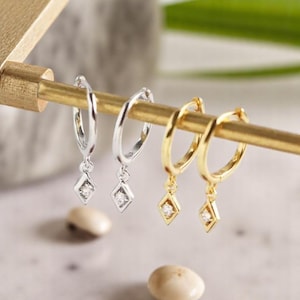 Dainty Diamond Charm Hoop Earrings: 14K Gold Huggie Hoops