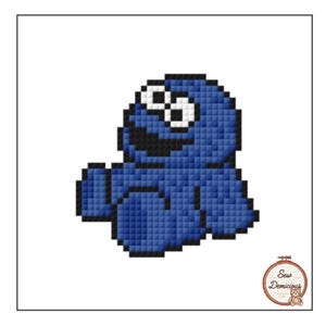 May include: A cross-stitch design featuring the Cookie Monster in shades of blue, black, and white. The character is shown in a seated pose with a wide open mouth. The image has a pixelated appearance. The logo says "Sew Demicious".
