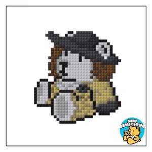May include: Pixelated illustration of a detective bear wearing a hat and trench coat. The bear is primarily white, brown, and tan, with black accents. The image is a square design with a white background and a logo in the bottom right corner.